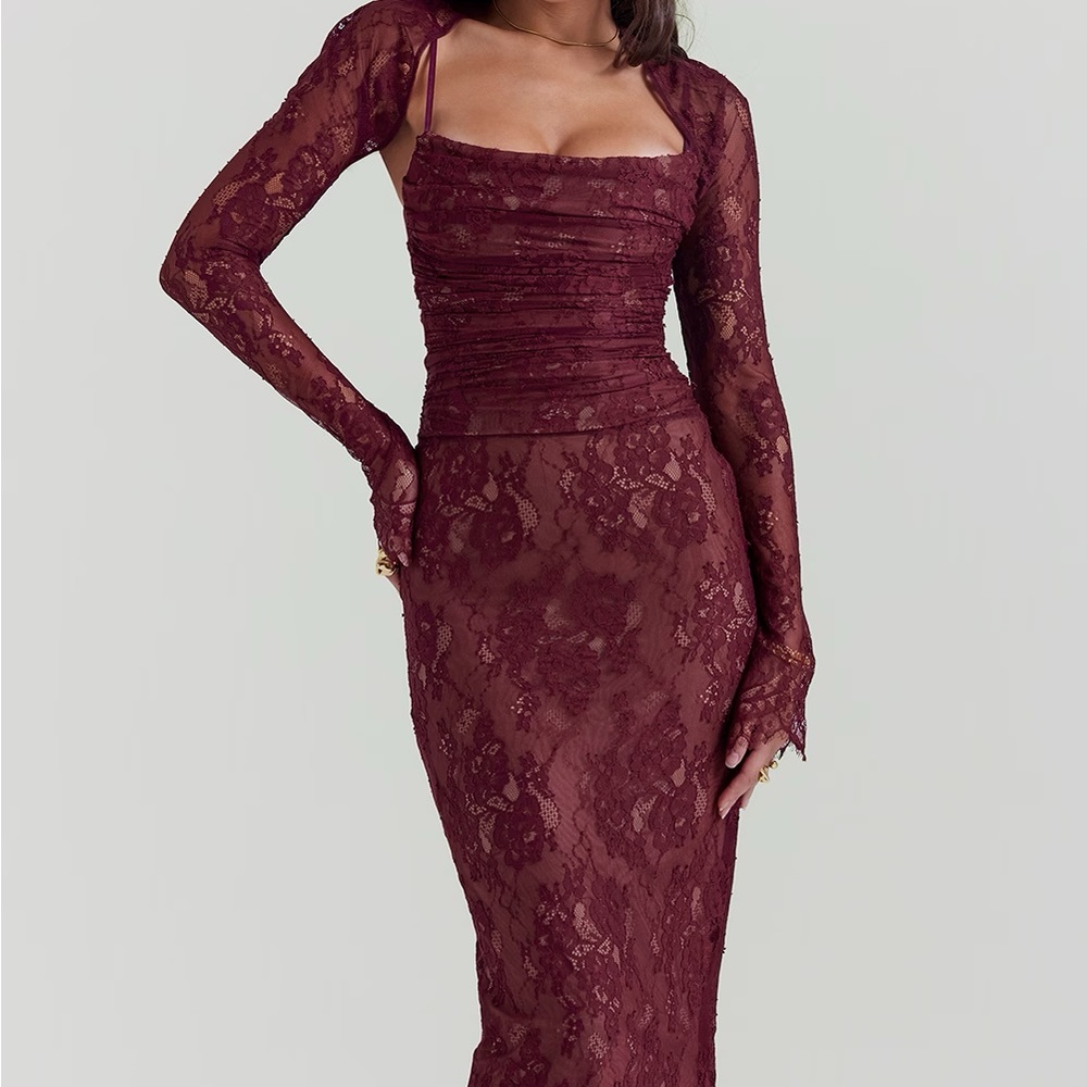 House of CB Gaia Burgundy Lace Long Sleeve Draped Gown